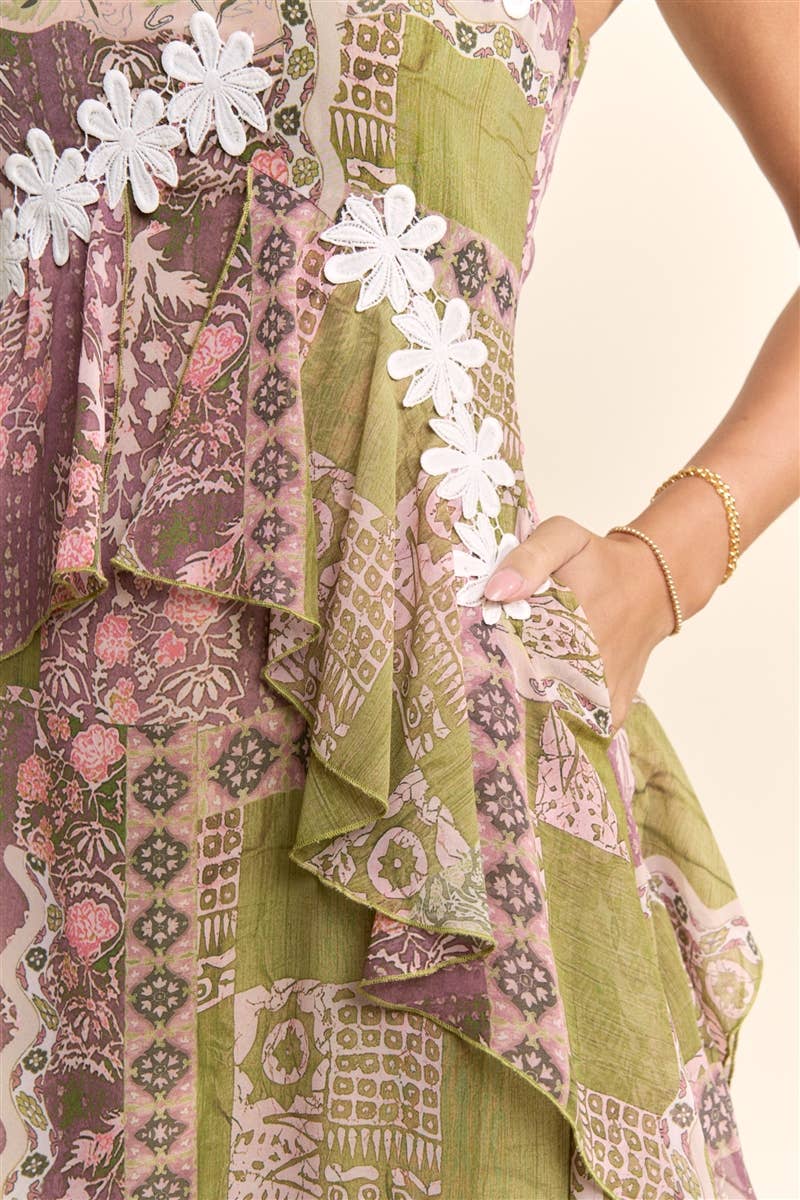 BOHO PRINTED CHIFFON RUFFLE AND LACE DETAIL DRESS