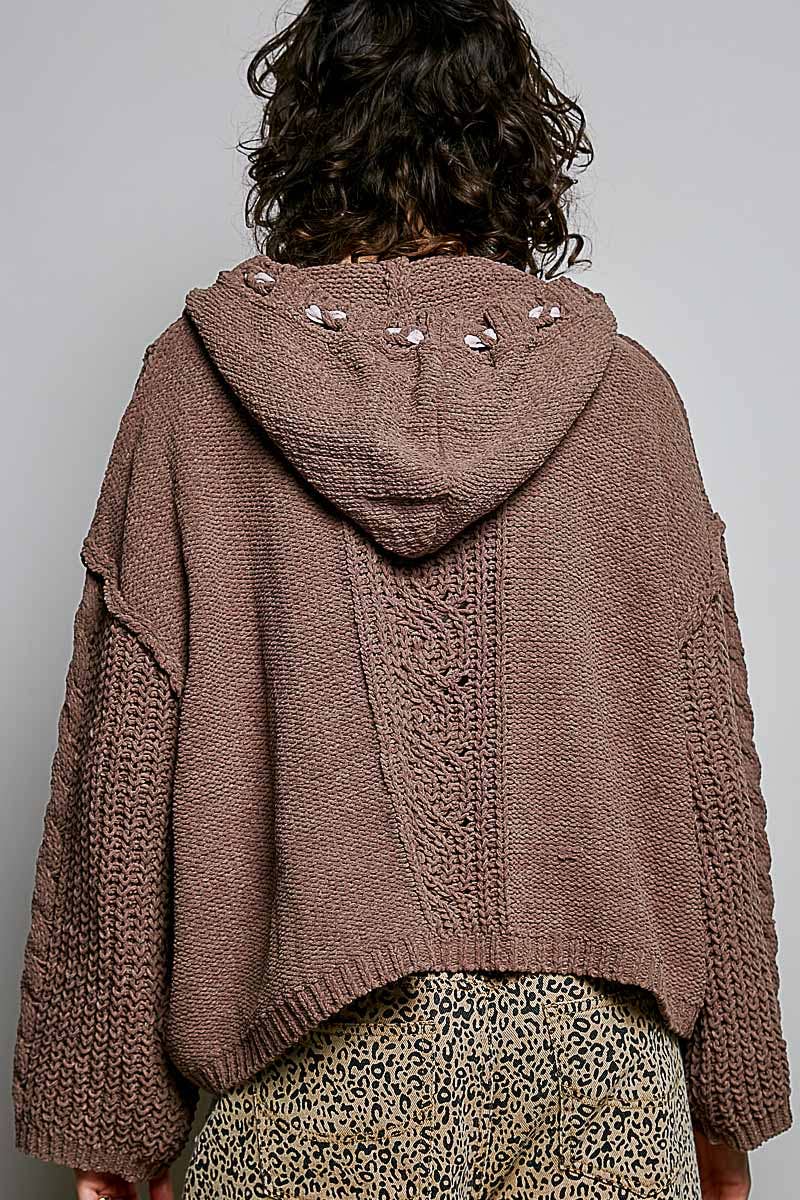 Oversized hooded cable knit chenille sweater