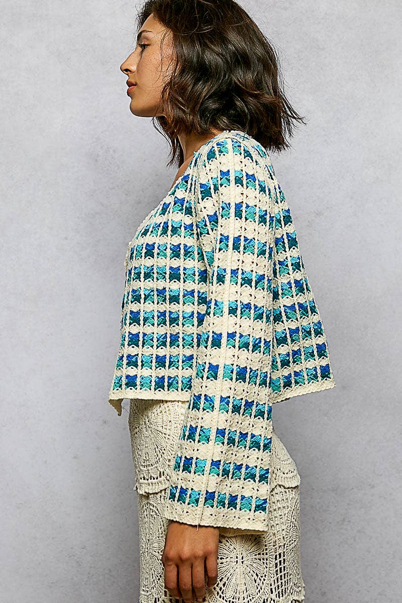 Scalloped Crochet V-Neck Long Sleeve Cardigan Top