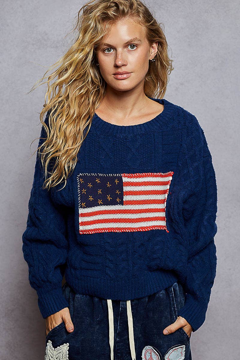 Long sleeve USA flag contrast stitch detail sweater knit top