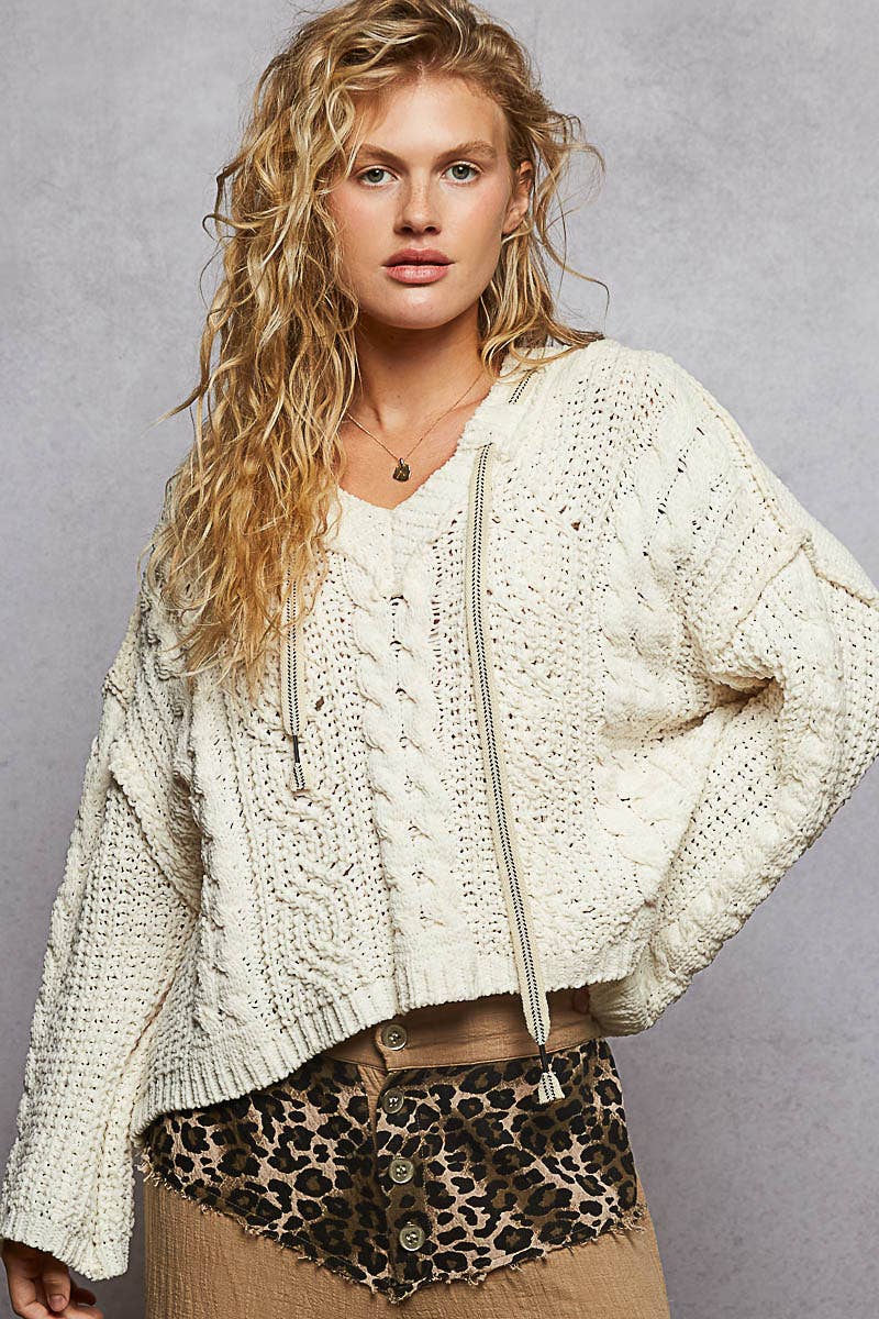 Oversized hooded cable knit chenille sweater