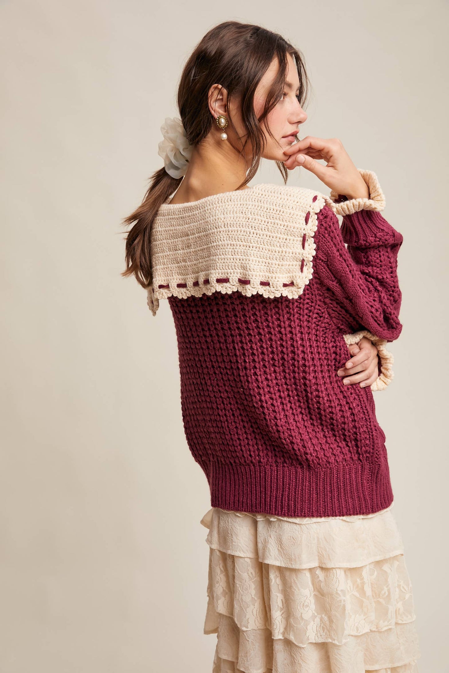 Two-Tone Crochet Collar Cable Knit Cardigan