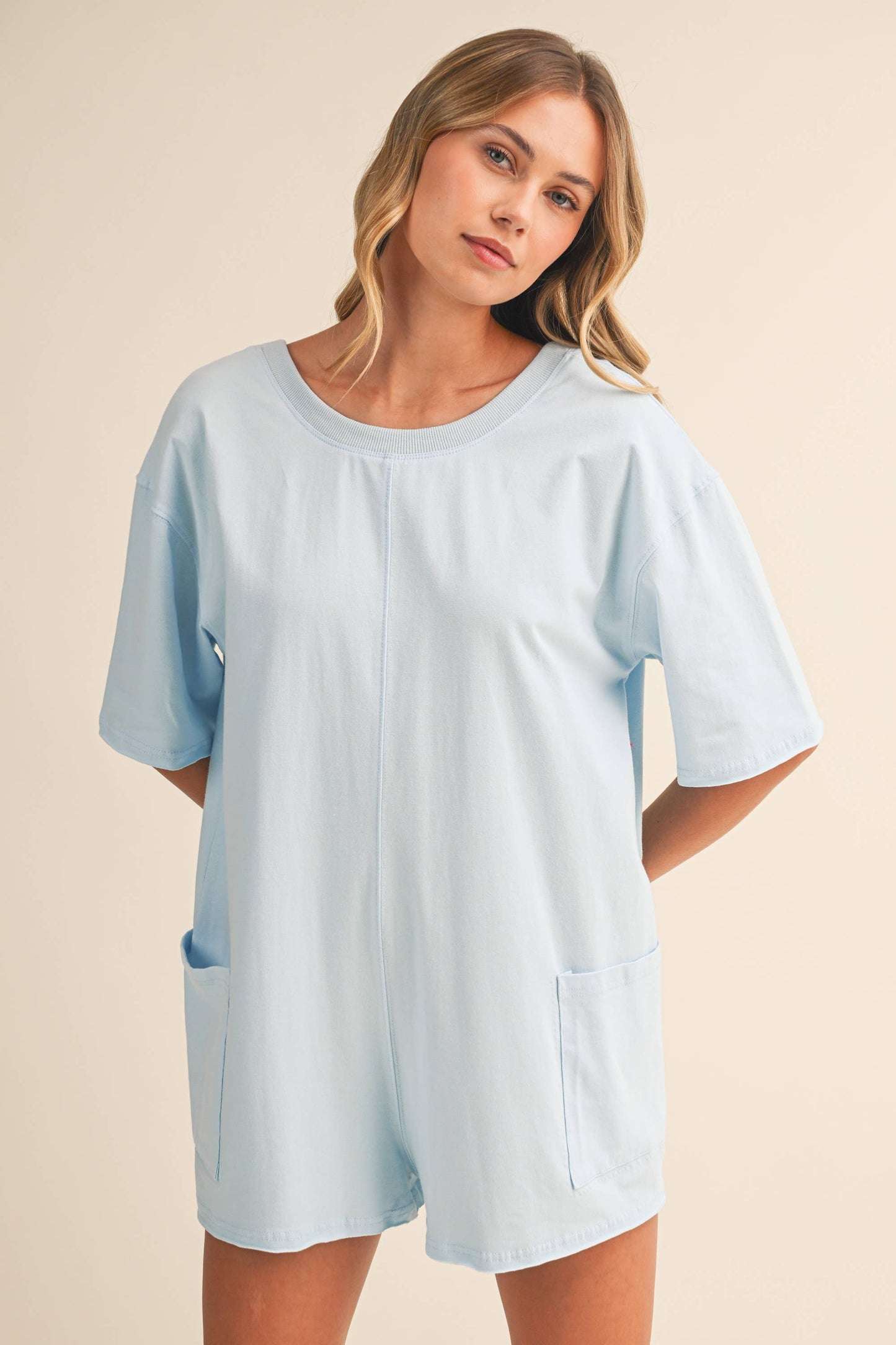SHORT SLEEVE RELAXED FIT FRONT POCKETED ROMPER