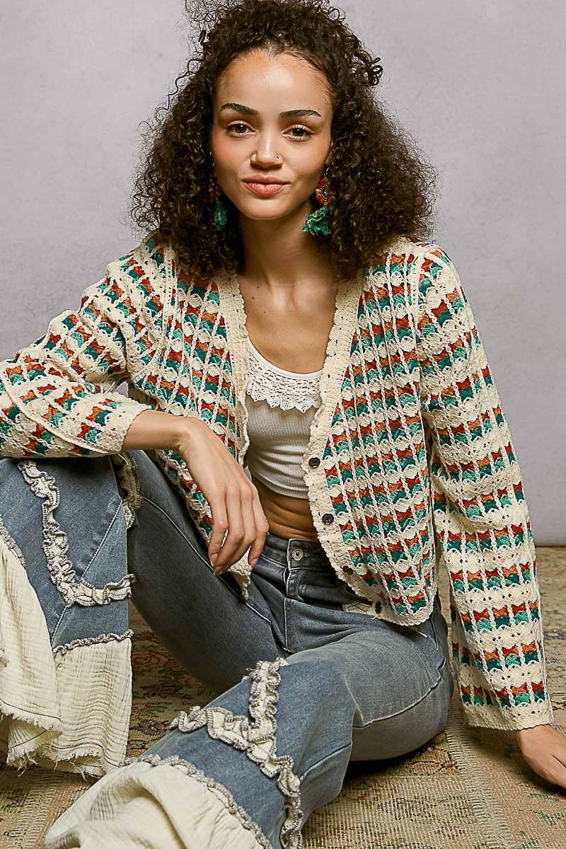 Scalloped Crochet V-Neck Long Sleeve Cardigan Top