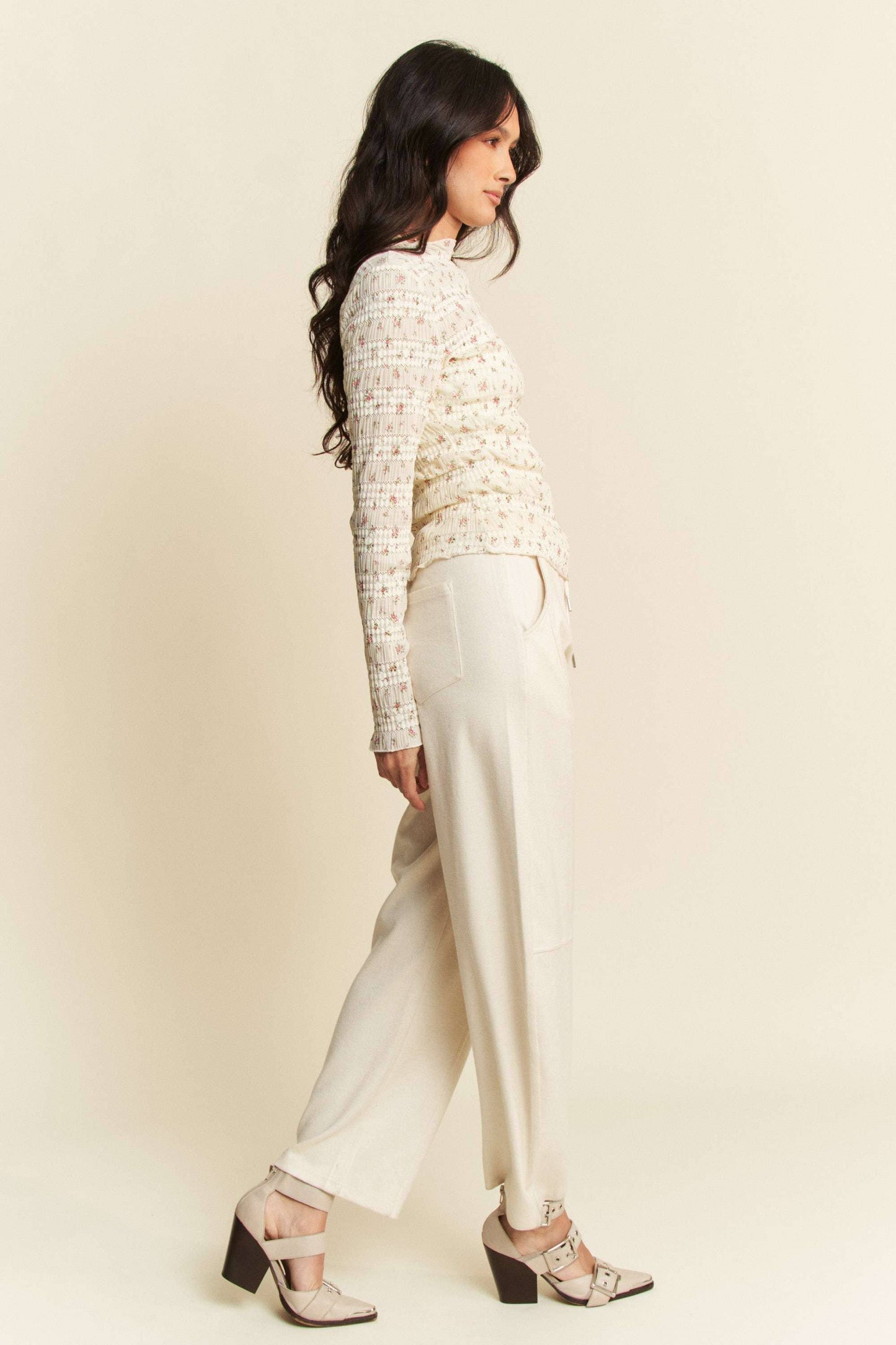 FLORAL PRINT MOCK NECK LONG SLEEVES KNIT TOP