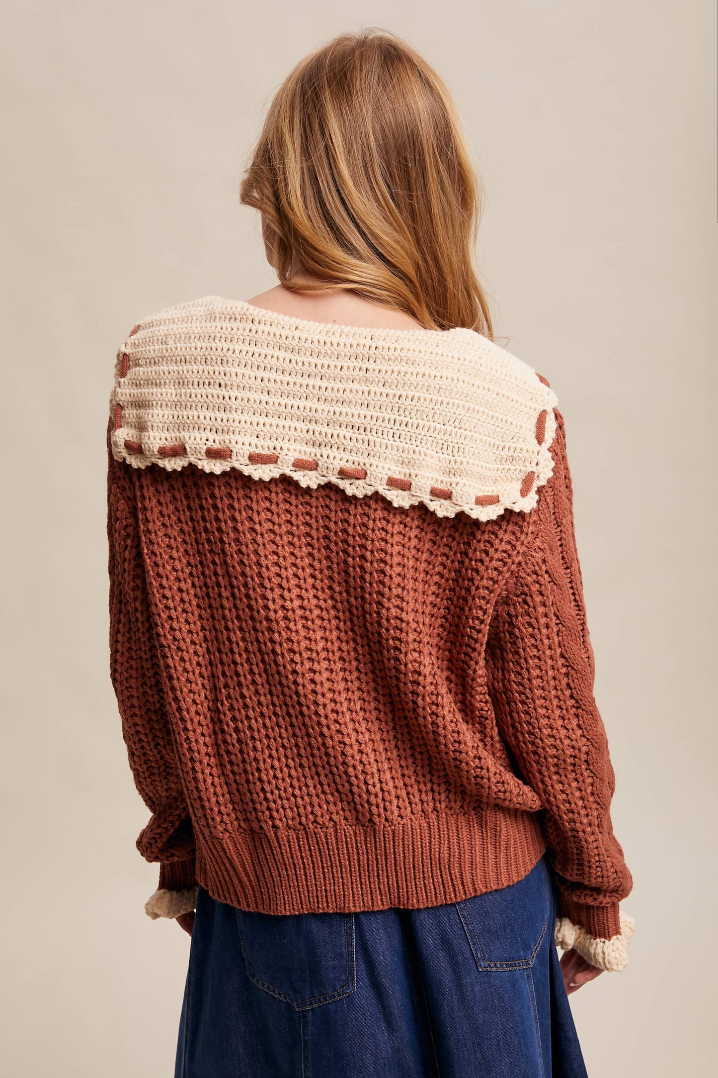 Two-Tone Crochet Collar Cable Knit Cardigan