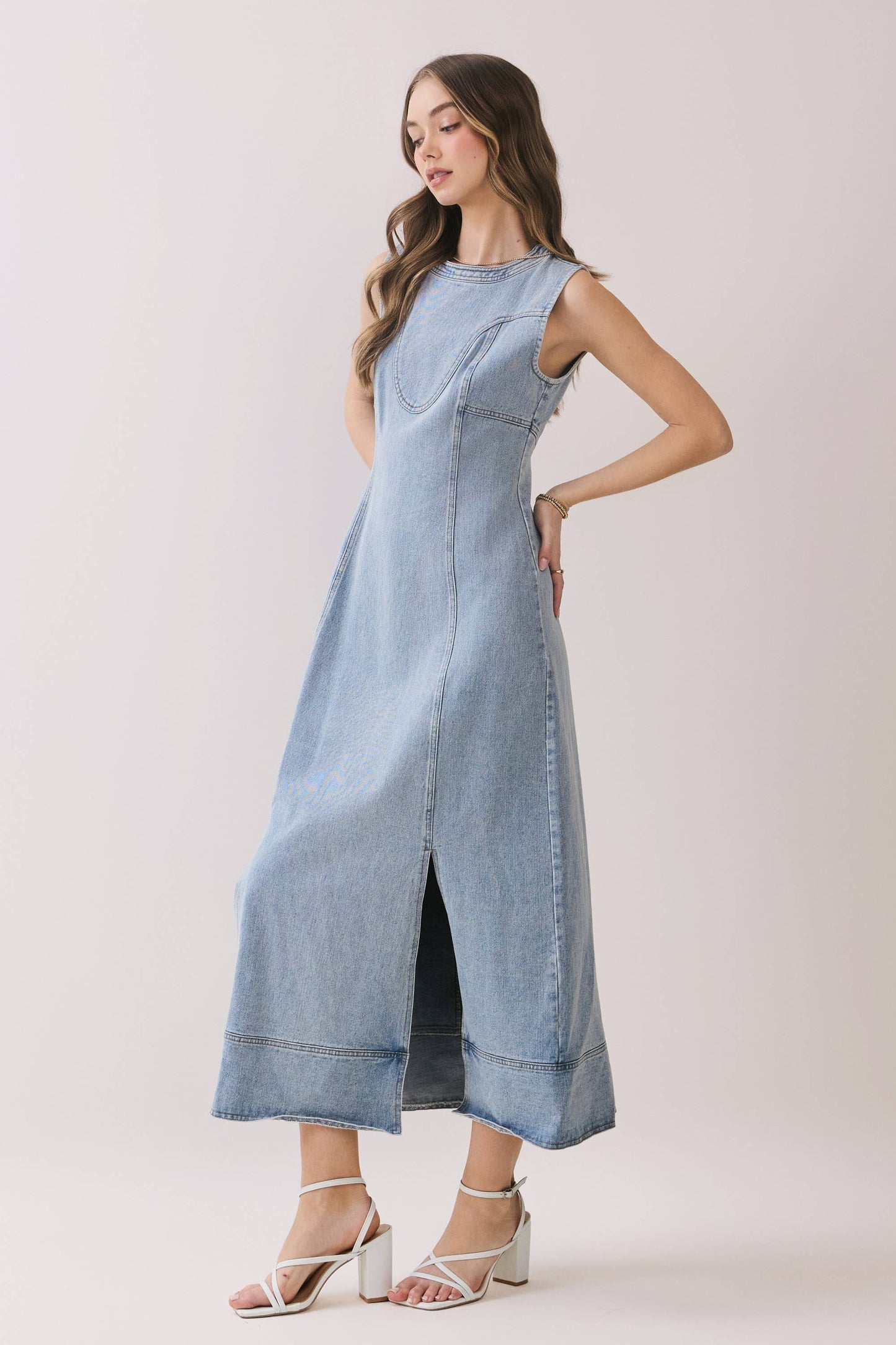 Sleeveless Paneled Front Slit Detail Denim Mid Dress