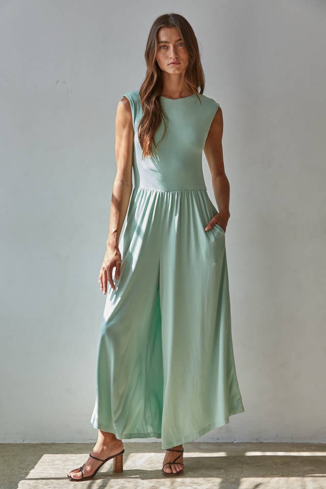 Knit Polyester Spandex Open Back Wide Leg Jumpsuit