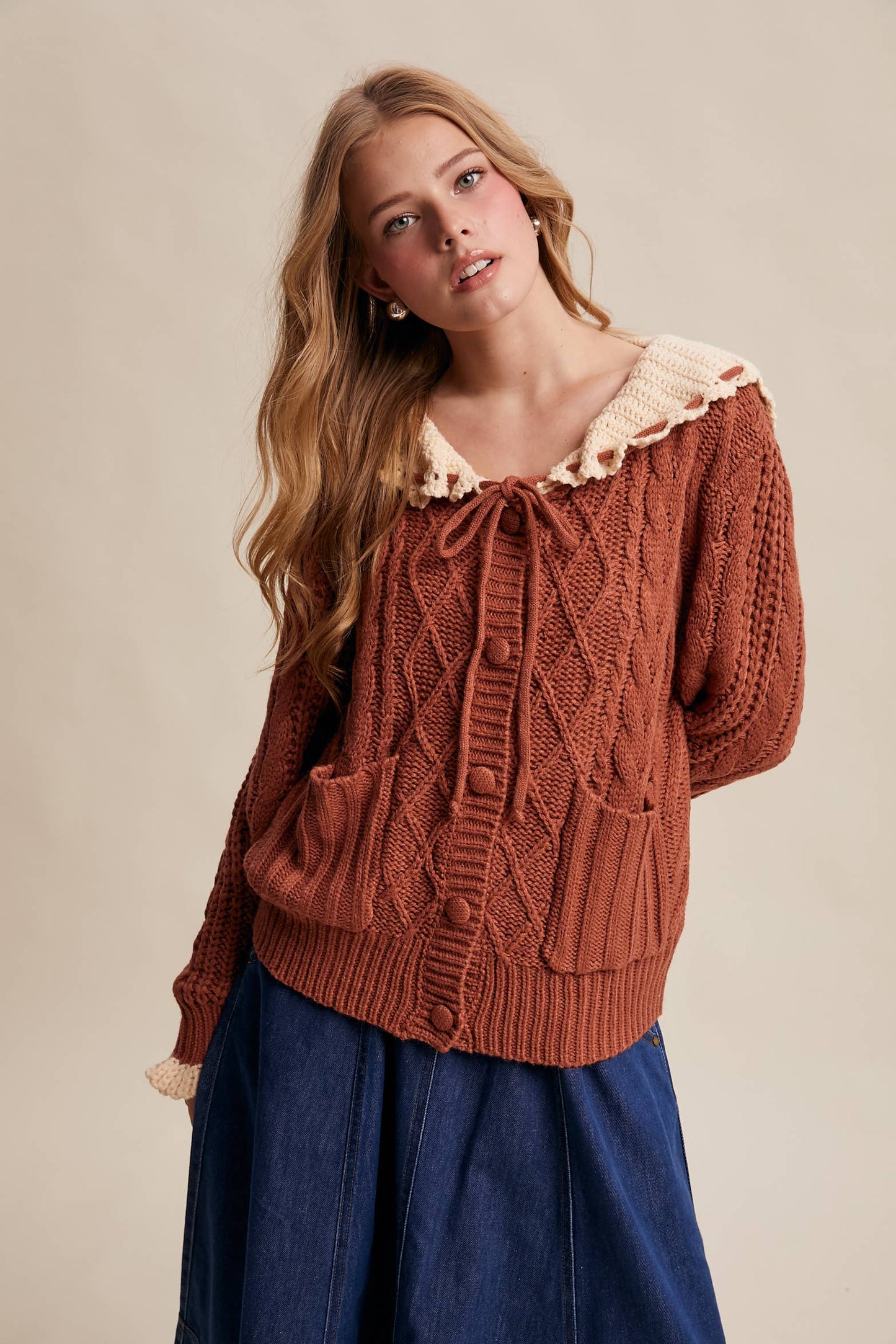 Two-Tone Crochet Collar Cable Knit Cardigan