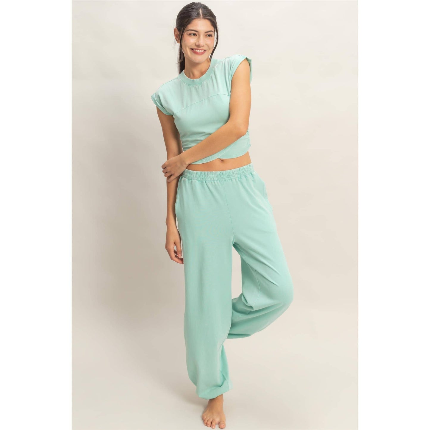 Rolled Sleeve Wrap-Front Crop Top And Jogger Set