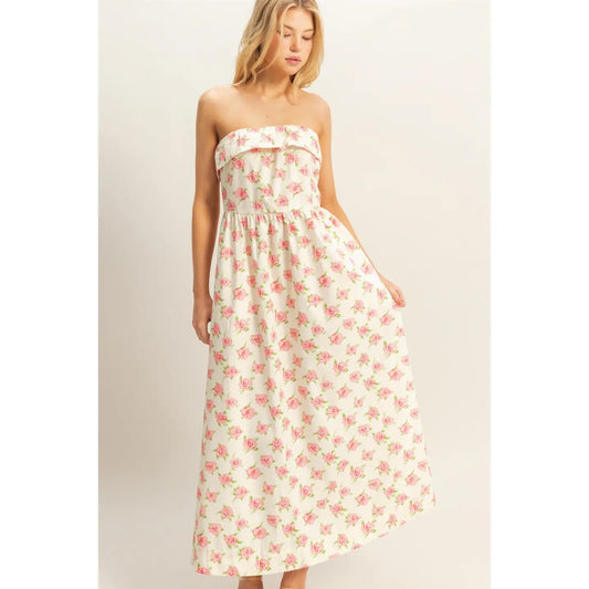 Pink floral strapless maxi dress